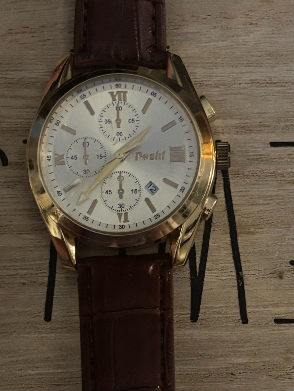 Gold-Tone Chronograph Watch with Brown Leather Strap-POSHI